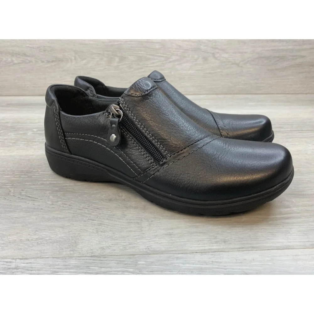 Clarks Women's Loafers Black Leather Side Zip 10 Walking Casual Comfort Shoes
